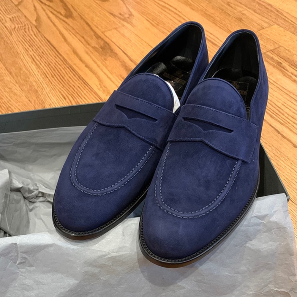 Mens fine Navy suede leather smoking loafers penny leather lined made in Italy